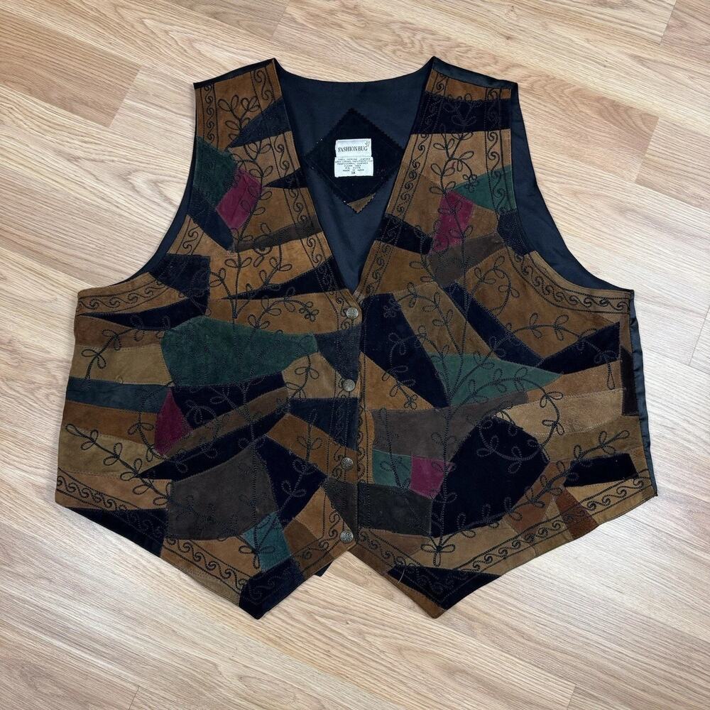 Women's Vest Vintage Leather 3X 90s Patchwork Funky Boho Abstract *Small Flaw*